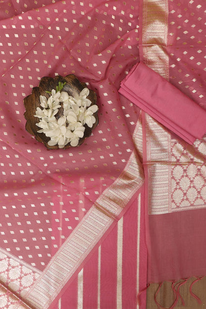 Stunning Pink Banarasi Chanderi Silk Three Piece Unstitched Suit Set - Luxurion World