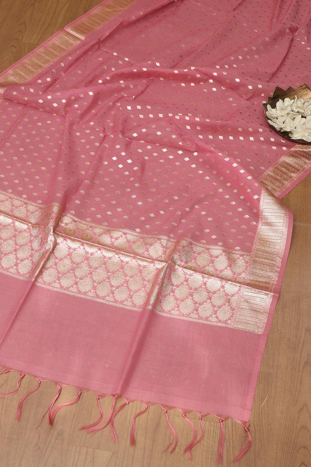 Stunning Pink Banarasi Chanderi Silk Three Piece Unstitched Suit Set - Luxurion World