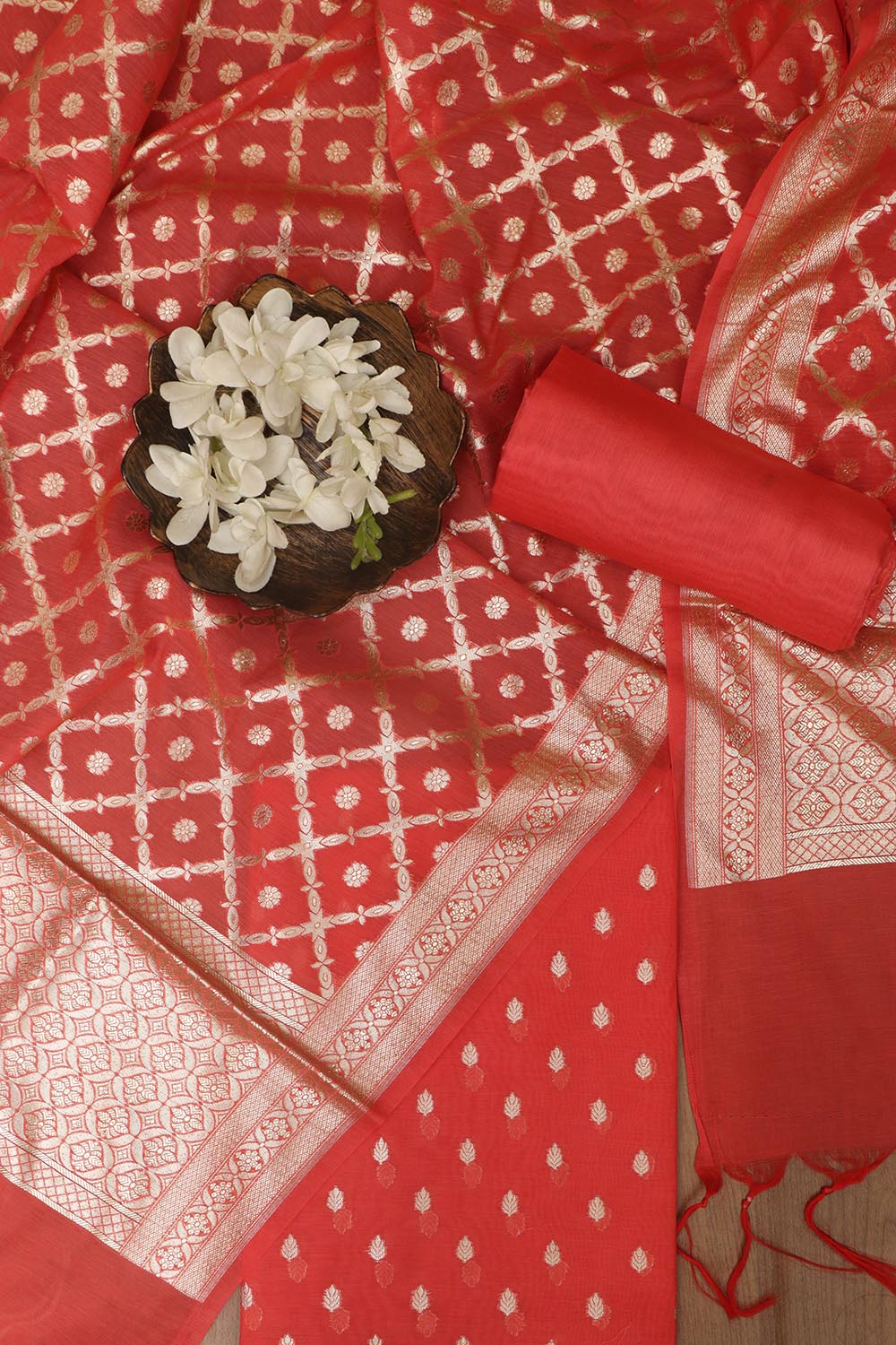 Exquisite Red Banarasi Chanderi Silk Three Piece Unstitched Suit Set - Luxurion World