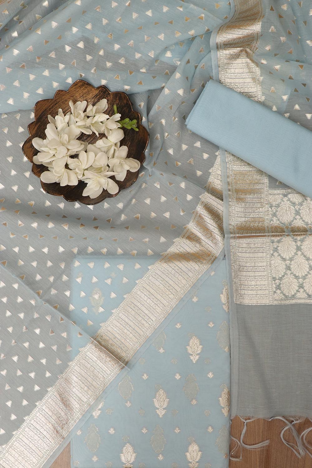 Blue Banarasi Chanderi Silk Three Piece Unstitched Suit Set - Luxurion World