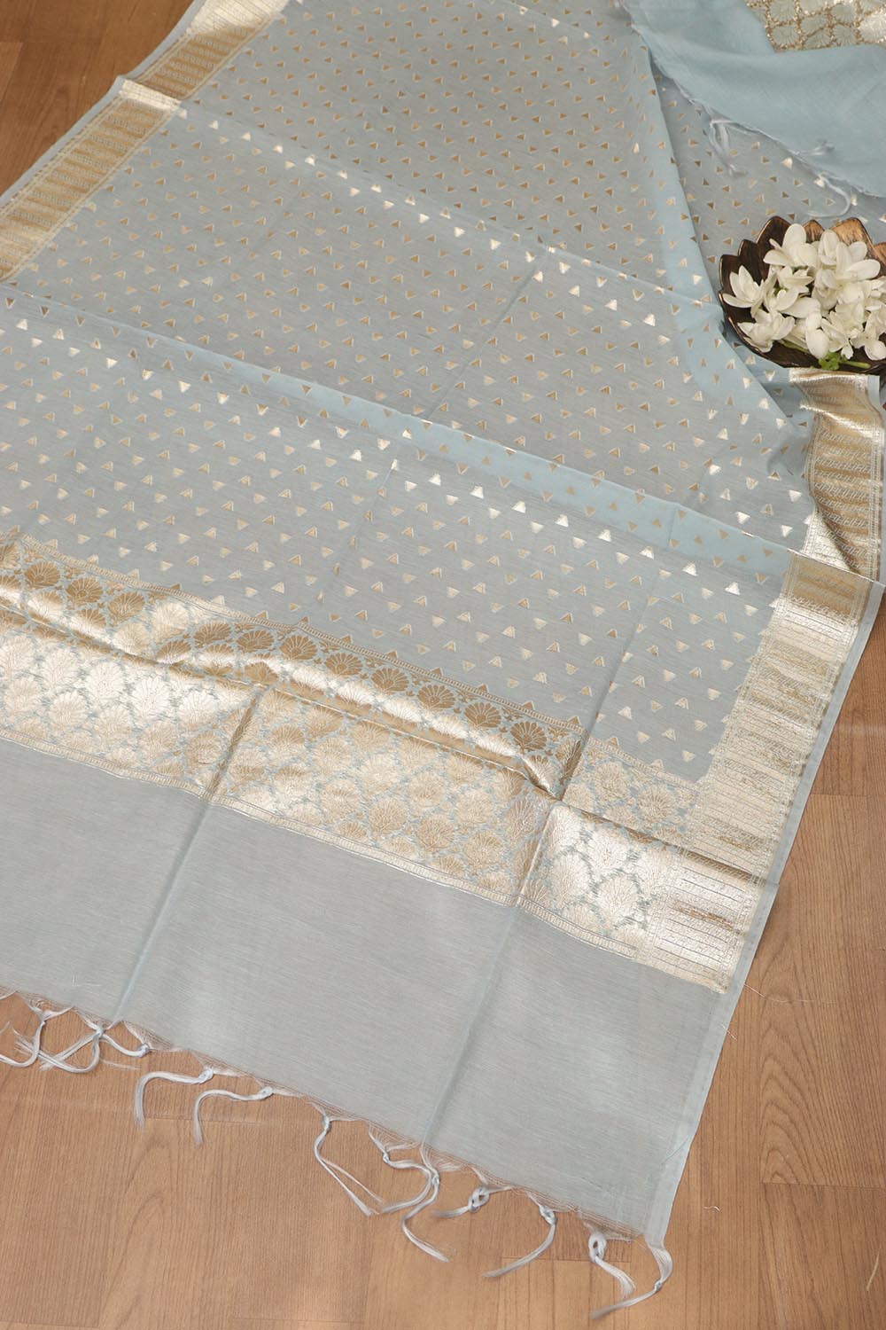 Blue Banarasi Chanderi Silk Three Piece Unstitched Suit Set - Luxurion World