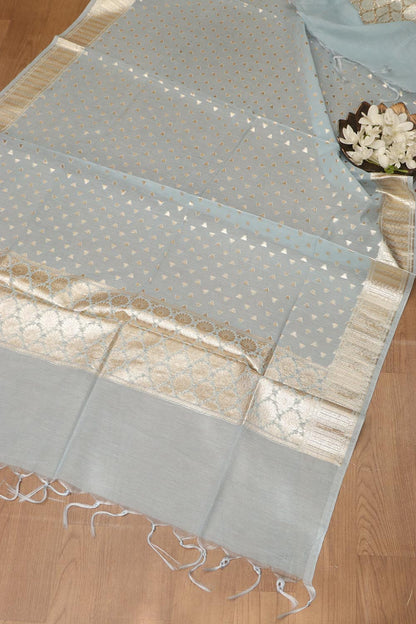 Blue Banarasi Chanderi Silk Three Piece Unstitched Suit Set - Luxurion World