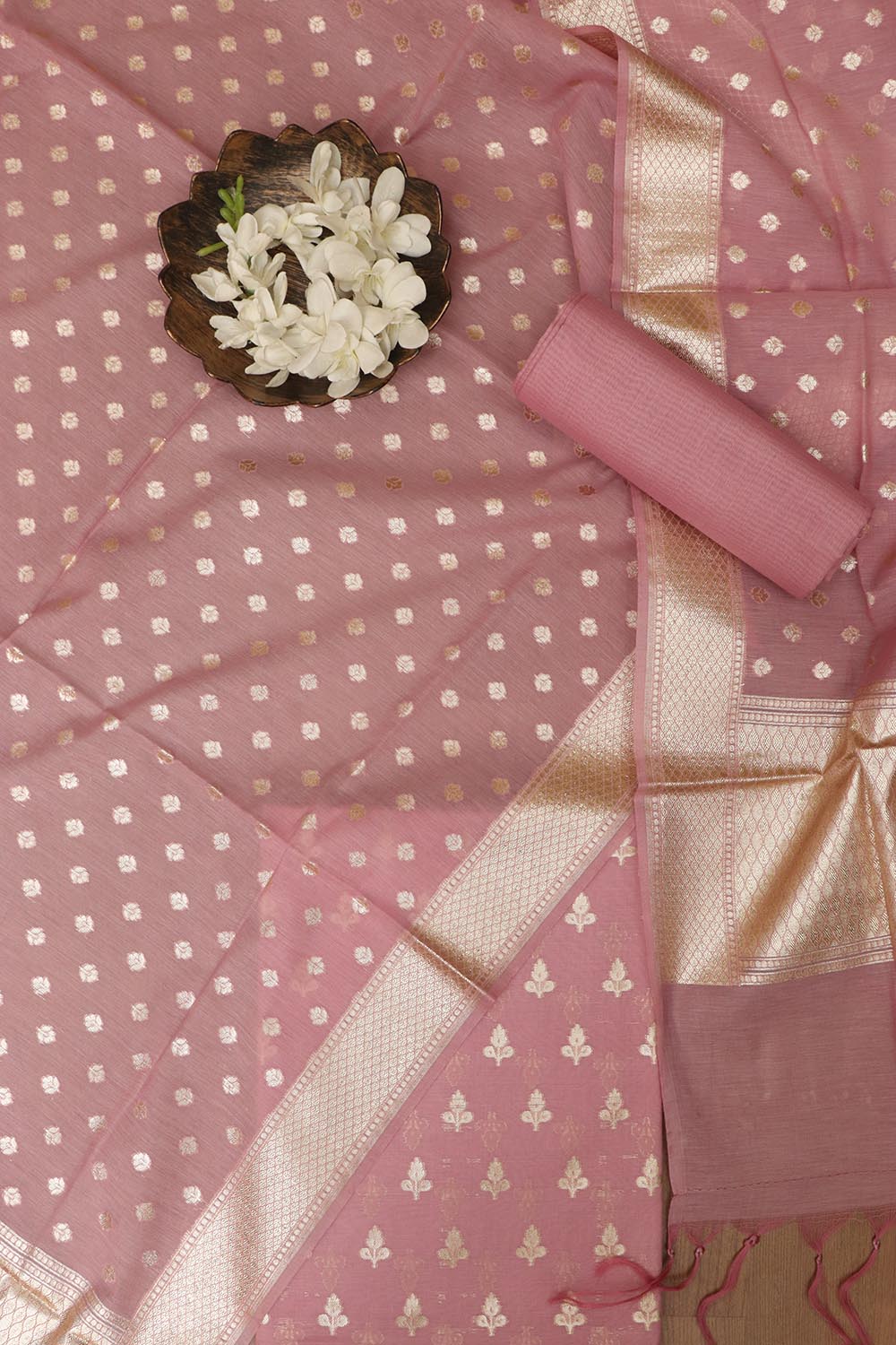 Stunning Pink Banarasi Chanderi Silk Three Piece Unstitched Suit Set - Luxurion World