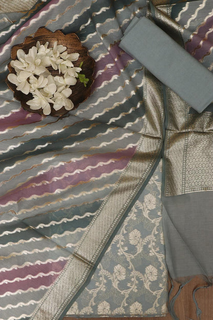 Elegant Grey Banarasi Chanderi Silk Shaded Three Piece Unstitched Suit Set - Luxurion World