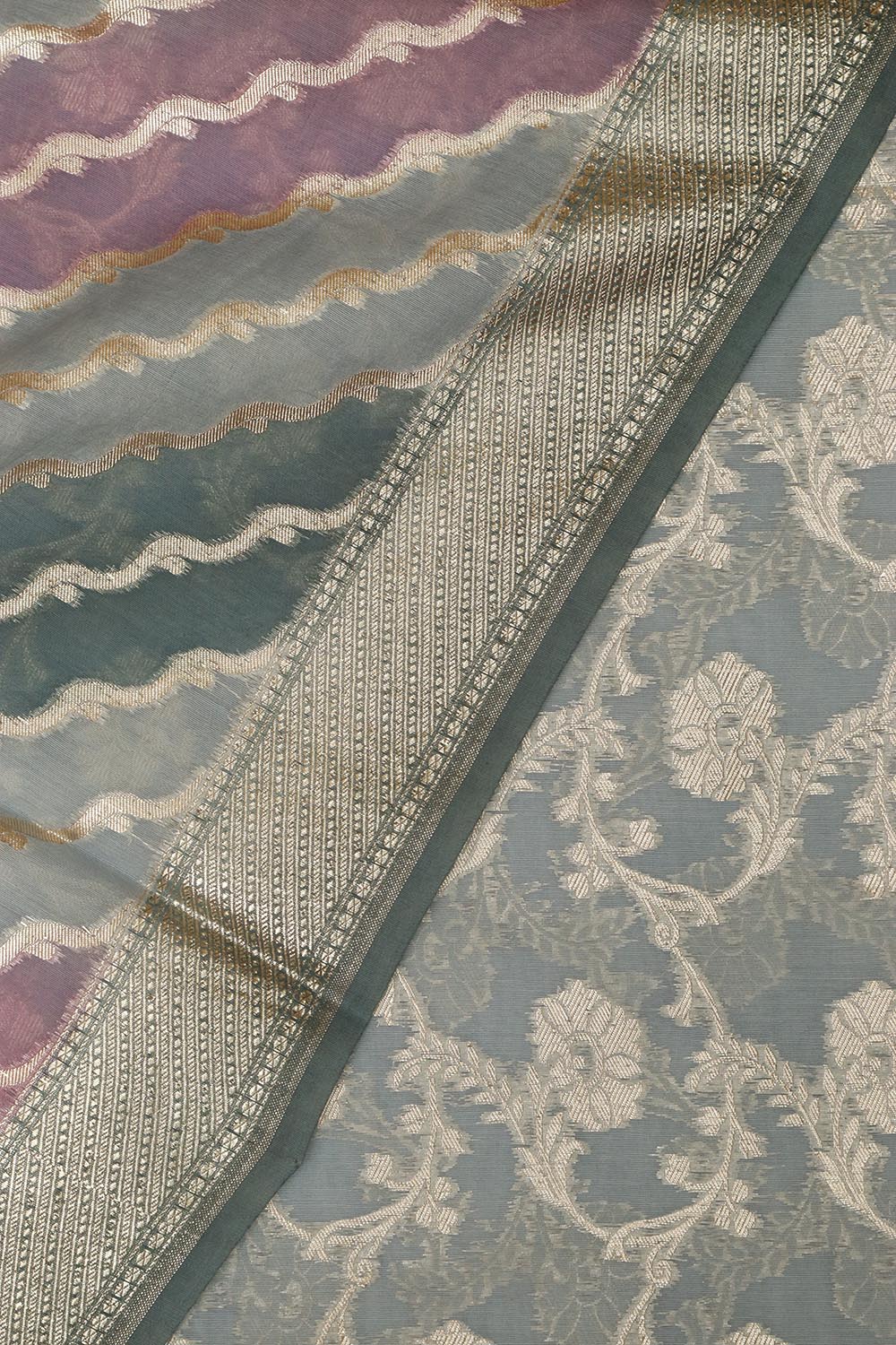 Elegant Grey Banarasi Chanderi Silk Shaded Three Piece Unstitched Suit Set - Luxurion World