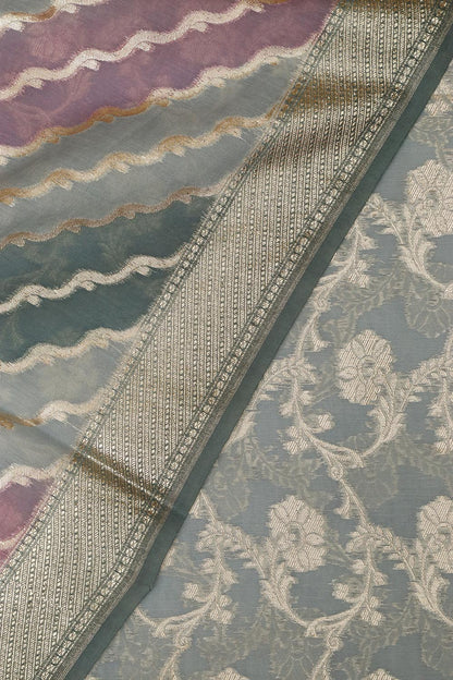 Elegant Grey Banarasi Chanderi Silk Shaded Three Piece Unstitched Suit Set - Luxurion World