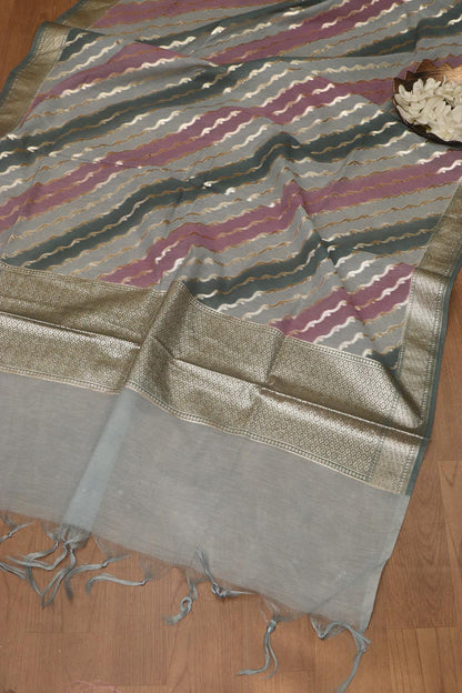 Elegant Grey Banarasi Chanderi Silk Shaded Three Piece Unstitched Suit Set - Luxurion World