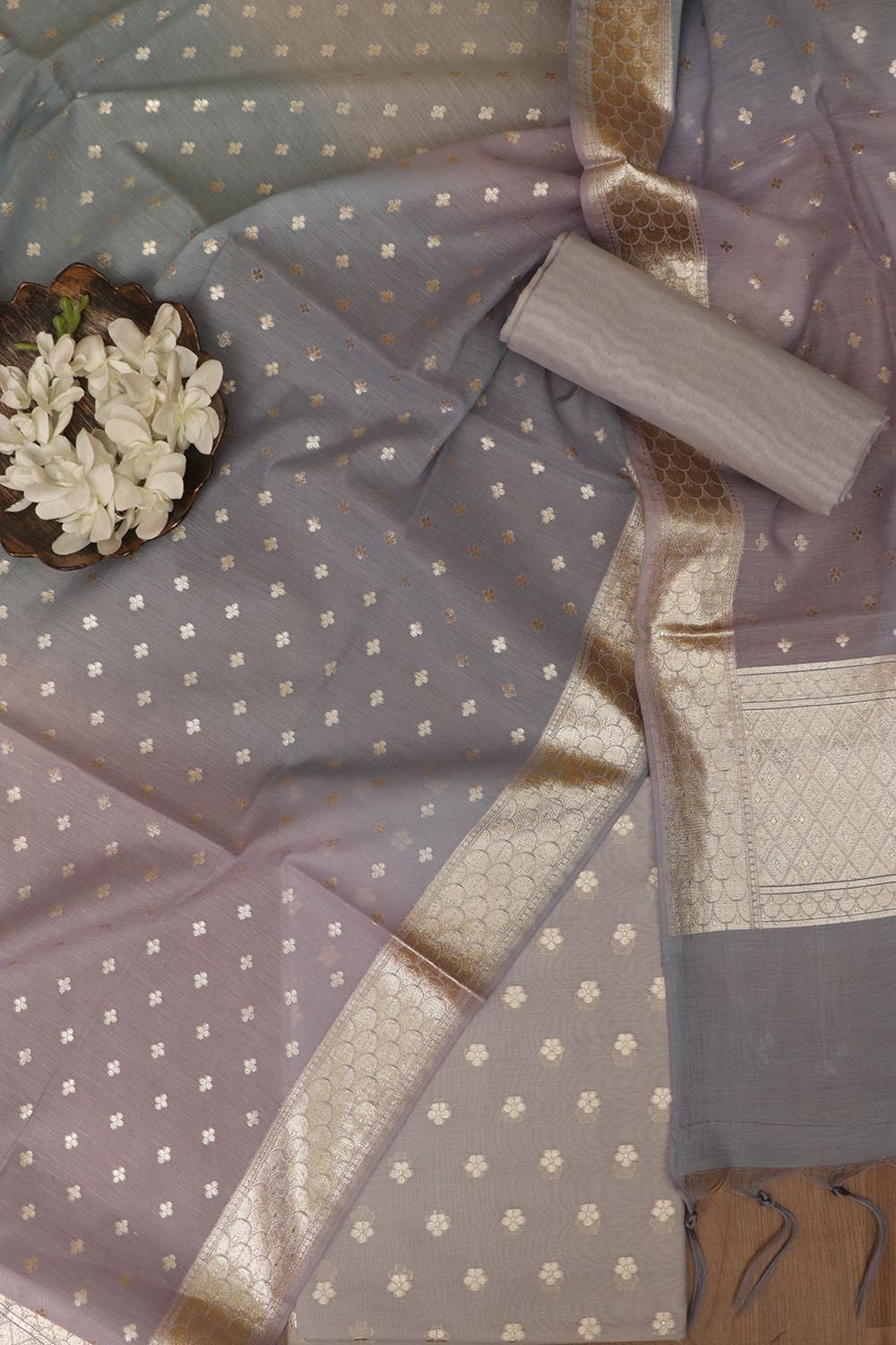Elegant Grey Banarasi Chanderi Silk Shaded Three Piece Unstitched Suit Set - Luxurion World
