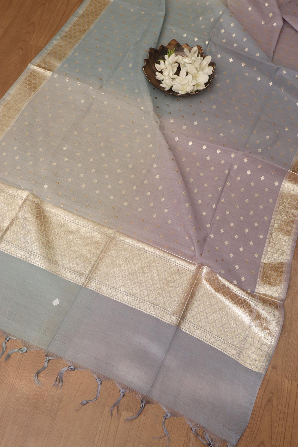 Elegant Grey Banarasi Chanderi Silk Shaded Three Piece Unstitched Suit Set - Luxurion World