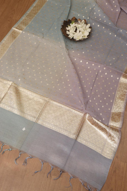 Elegant Grey Banarasi Chanderi Silk Shaded Three Piece Unstitched Suit Set - Luxurion World