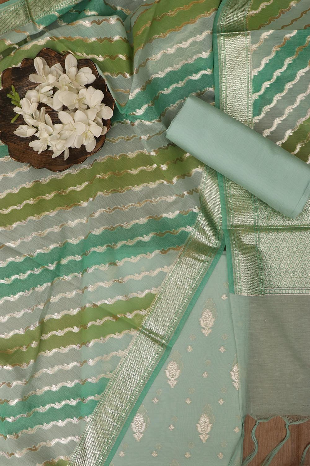 Green Banarasi Chanderi Silk Shaded Three Piece Unstitched Suit Set - Luxurion World