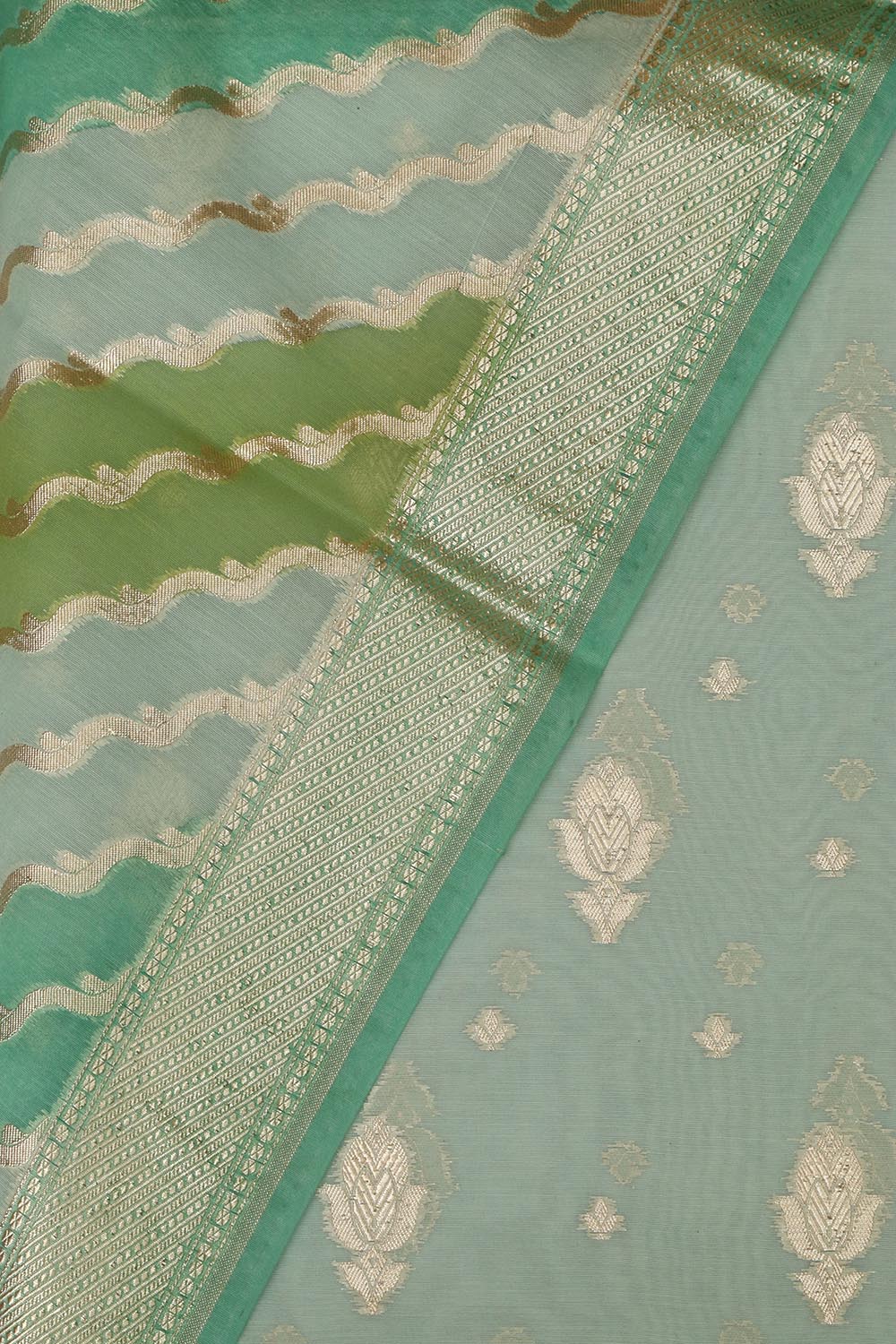 Green Banarasi Chanderi Silk Shaded Three Piece Unstitched Suit Set - Luxurion World