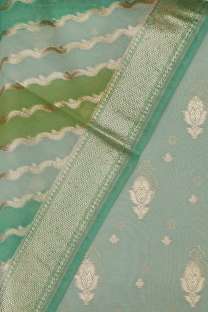 Green Banarasi Chanderi Silk Shaded Three Piece Unstitched Suit Set - Luxurion World