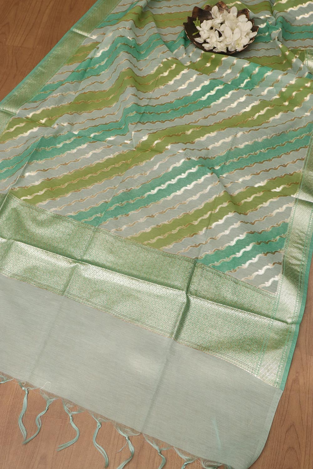 Green Banarasi Chanderi Silk Shaded Three Piece Unstitched Suit Set - Luxurion World