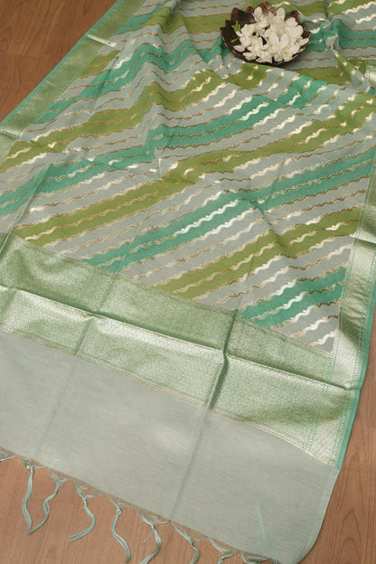 Green Banarasi Chanderi Silk Shaded Three Piece Unstitched Suit Set - Luxurion World