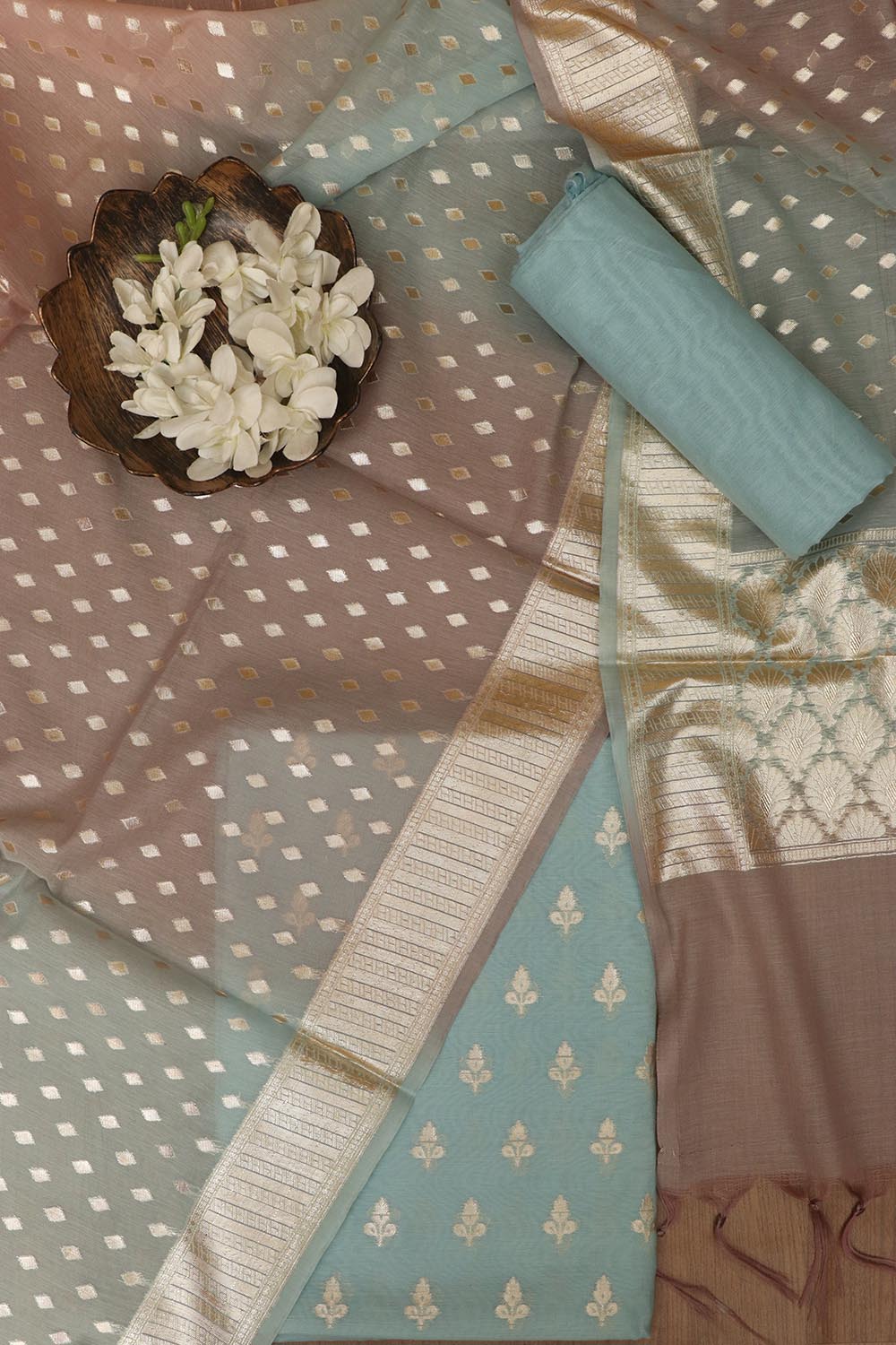 Elegant Blue Banarasi Chanderi Silk Shaded Three Piece Unstitched Suit Set - Luxurion World