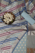 Elegant Blue Banarasi Chanderi Silk Shaded Three Piece Unstitched Suit Set - Luxurion World