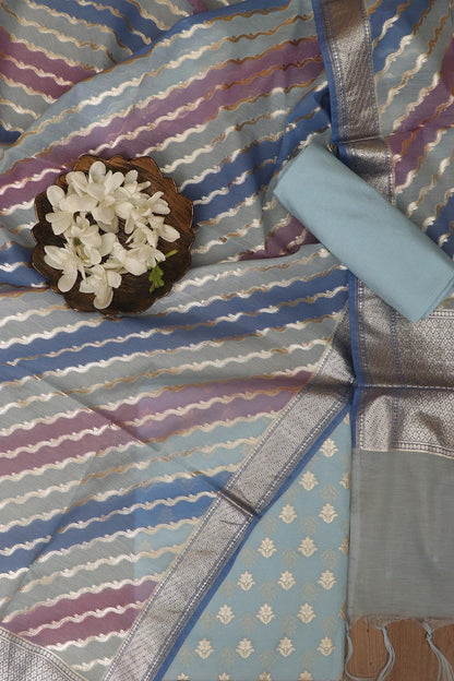 Elegant Blue Banarasi Chanderi Silk Shaded Three Piece Unstitched Suit Set - Luxurion World