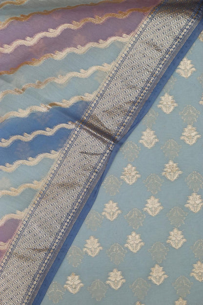 Elegant Blue Banarasi Chanderi Silk Shaded Three Piece Unstitched Suit Set - Luxurion World