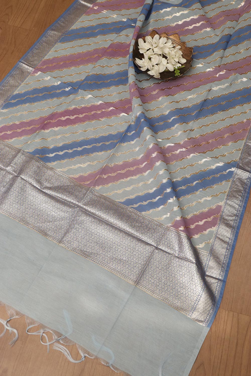 Elegant Blue Banarasi Chanderi Silk Shaded Three Piece Unstitched Suit Set - Luxurion World