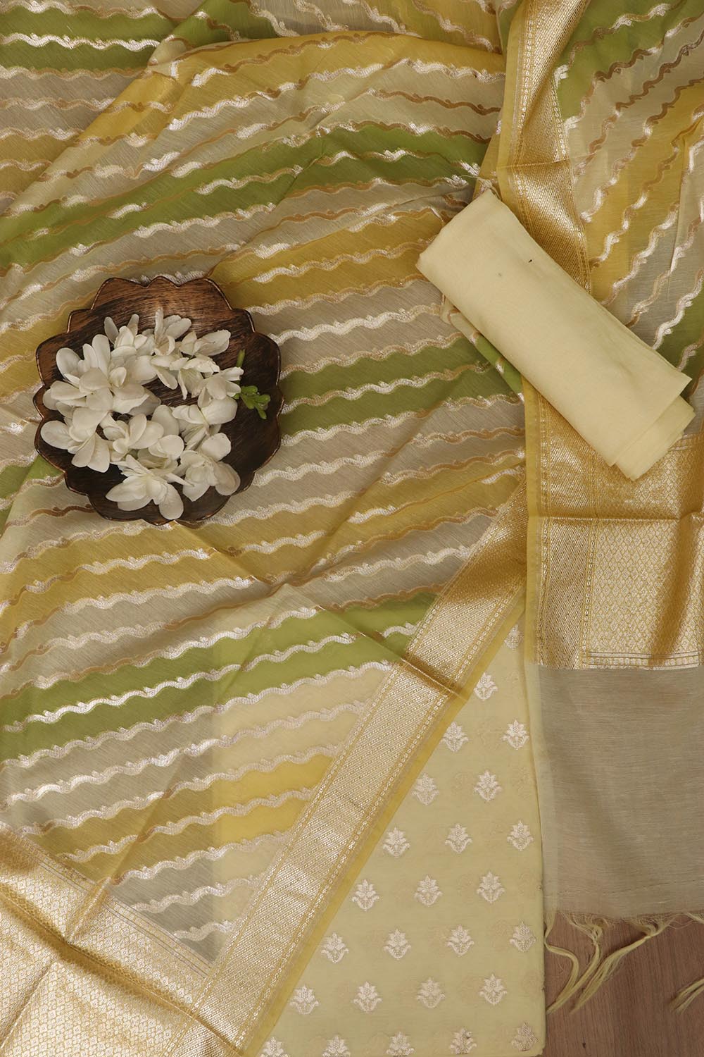 Yellow Banarasi Chanderi Silk Shaded Three Piece Unstitched Suit Set - Luxurion World