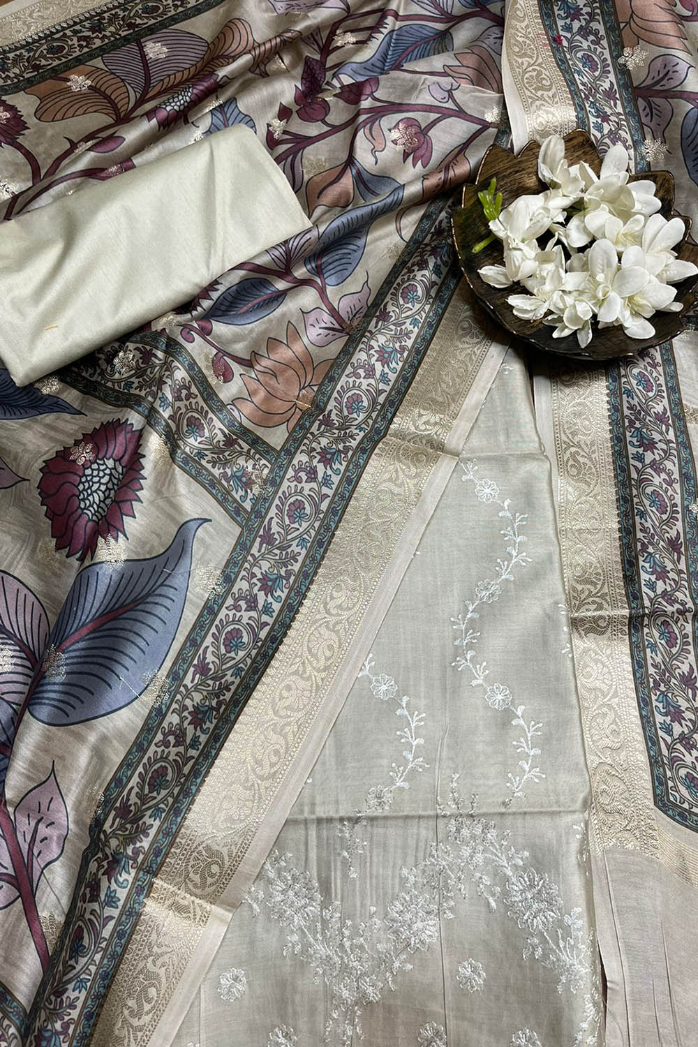 Pastel Digital Printed Chanderi Silk Embroidered Three Piece Suit Set - Luxurion World