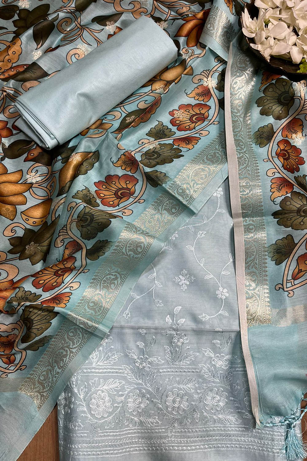 Blue Digital Printed Chanderi Silk Embroidered Three Piece Suit Set - Luxurion World