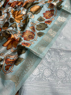 Blue Digital Printed Chanderi Silk Embroidered Three Piece Suit Set - Luxurion World