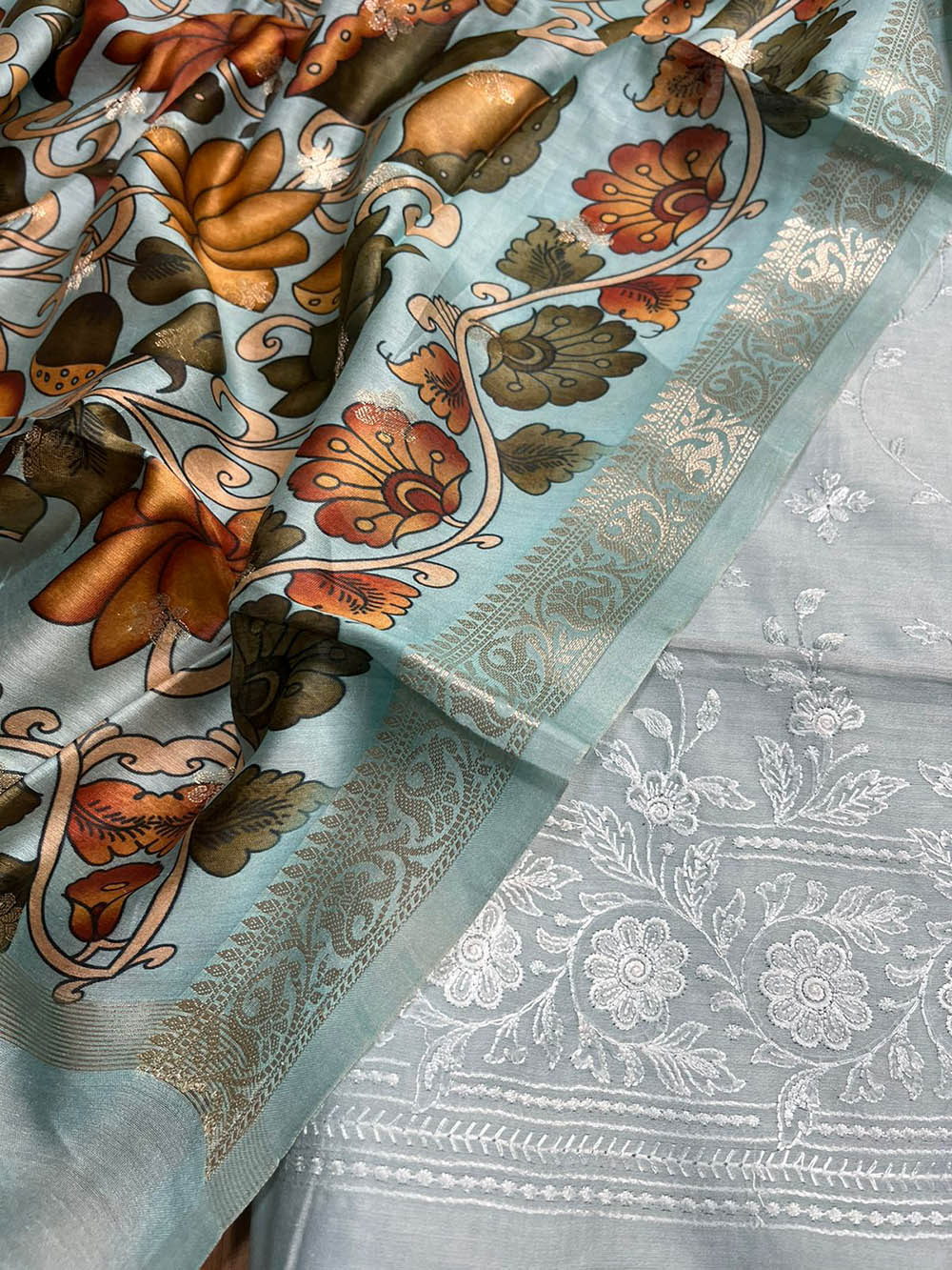 Blue Digital Printed Chanderi Silk Embroidered Three Piece Suit Set - Luxurion World