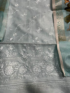 Blue Digital Printed Chanderi Silk Embroidered Three Piece Suit Set - Luxurion World