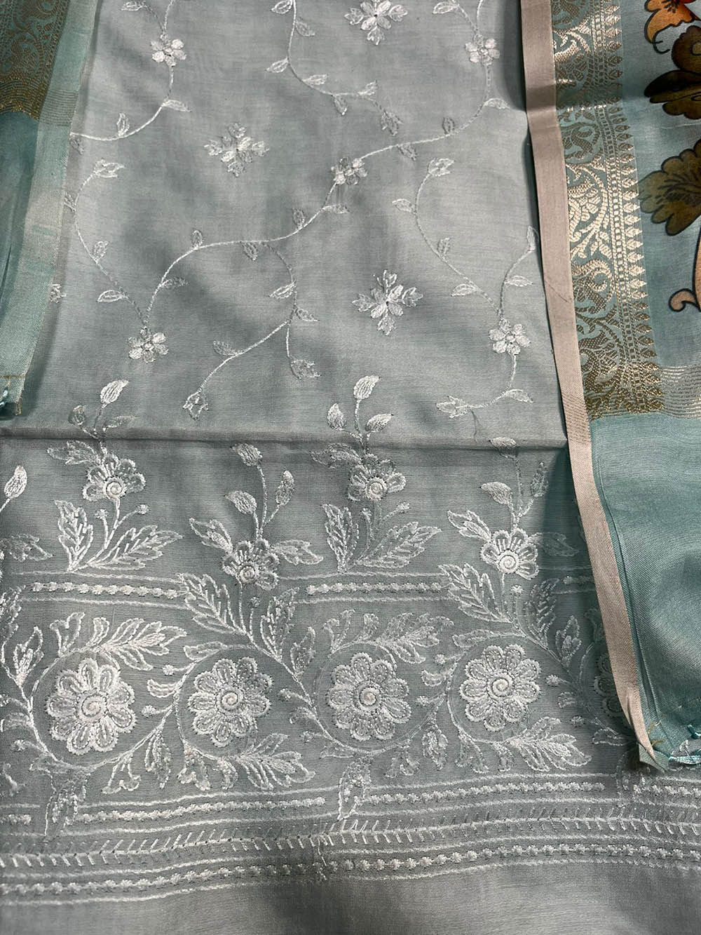 Blue Digital Printed Chanderi Silk Embroidered Three Piece Suit Set - Luxurion World