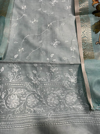 Blue Digital Printed Chanderi Silk Embroidered Three Piece Suit Set - Luxurion World