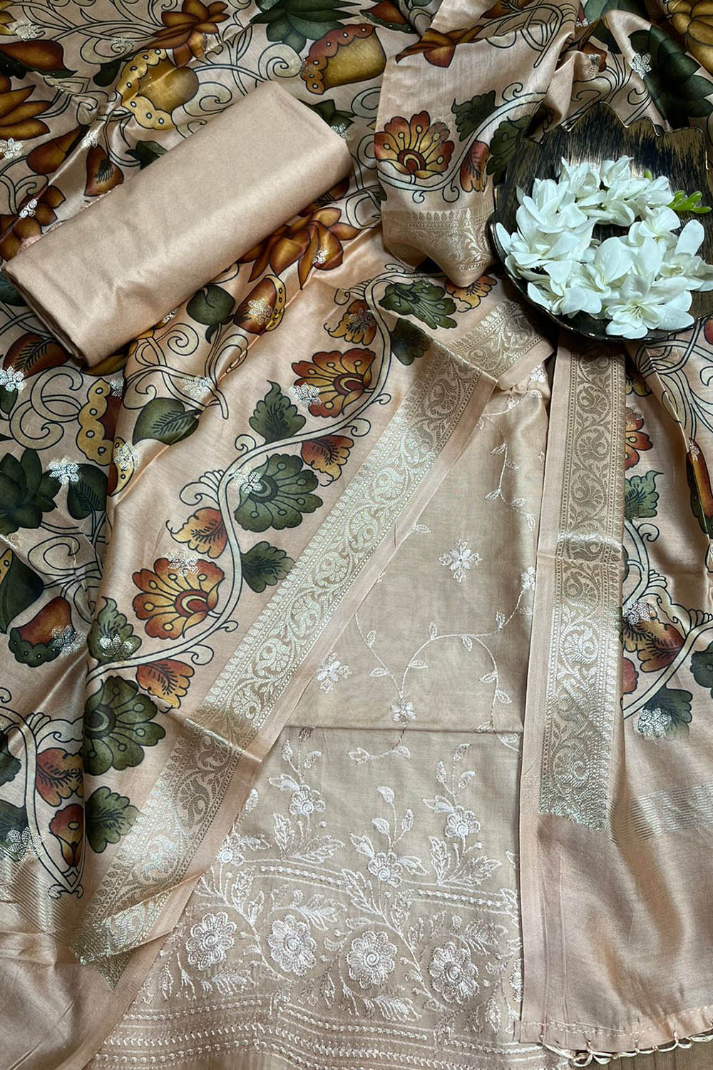 Pastel Digital Printed Chanderi Silk Embroidered Three Piece Suit Set - Luxurion World