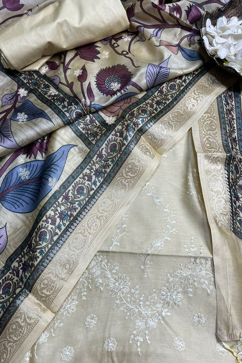 Pastel Digital Printed Chanderi Silk Embroidered Three Piece Suit Set - Luxurion World