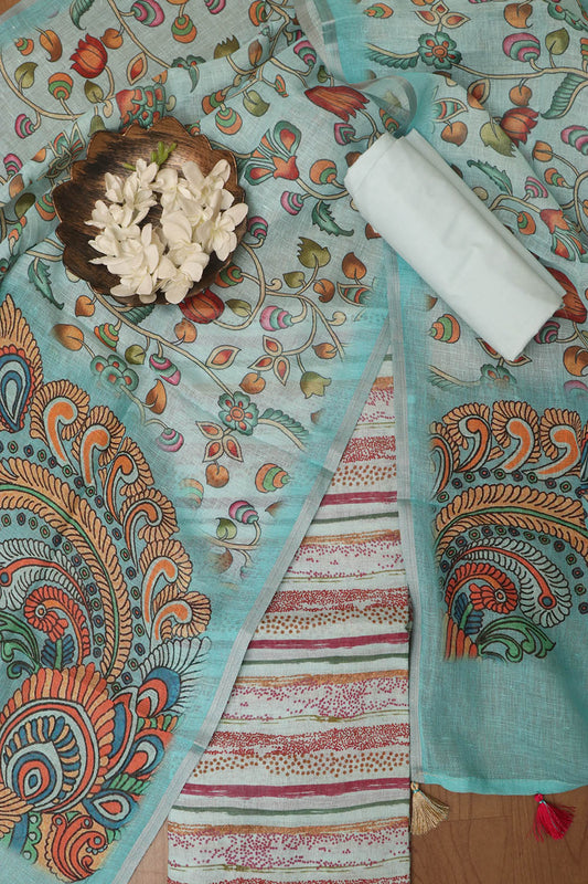 Vibrant Blue Digital Printed Linen Three Piece Suit Set - Luxurion World