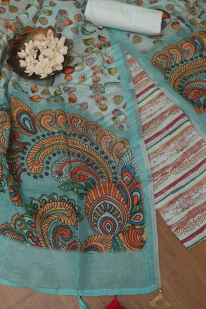 Vibrant Blue Digital Printed Linen Three Piece Suit Set - Luxurion World