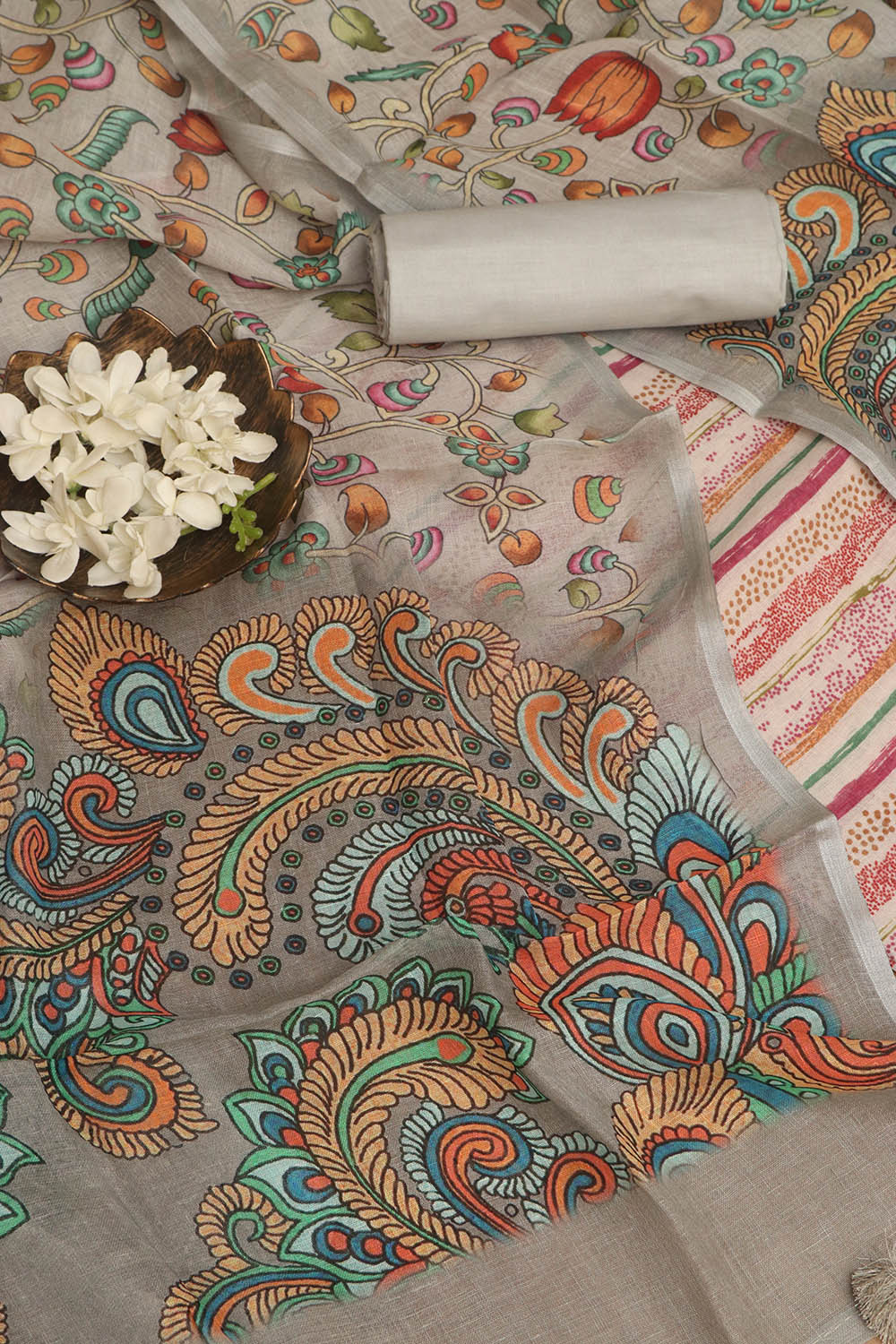 Vibrant Grey Digital Printed Linen Three Piece Suit Set - Luxurion World