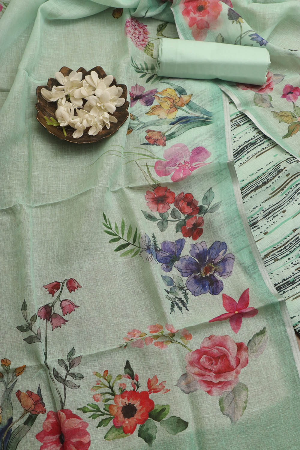 Stunning Blue Digital Printed Linen Three Piece Suit Set - Luxurion World