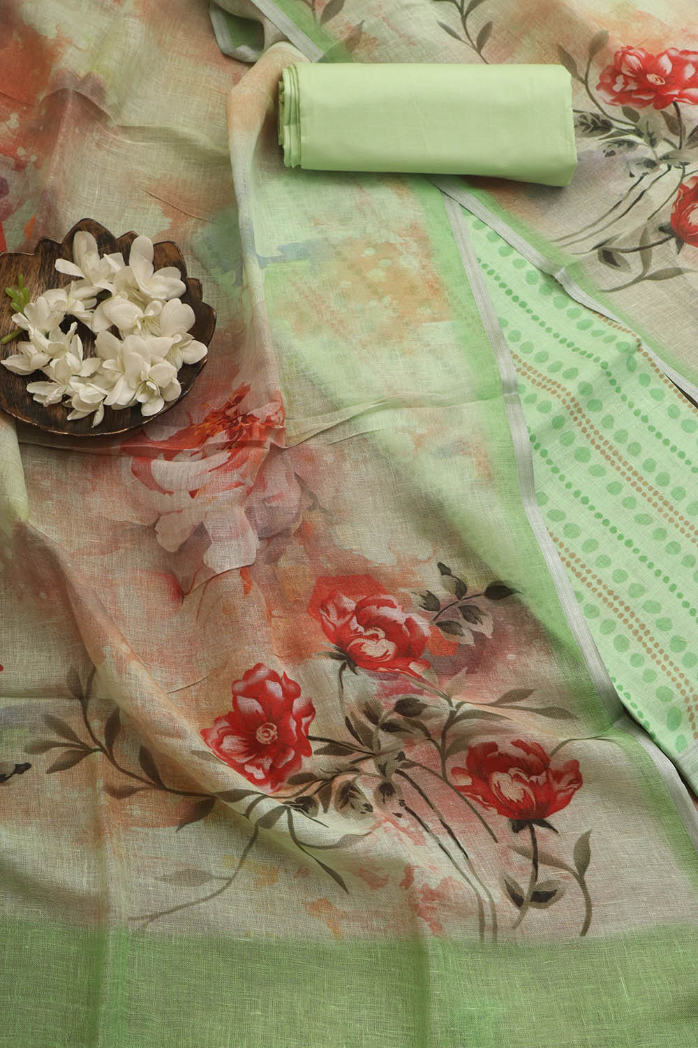 Vibrant Green Digital Printed Linen Three Piece Suit Set - Luxurion World