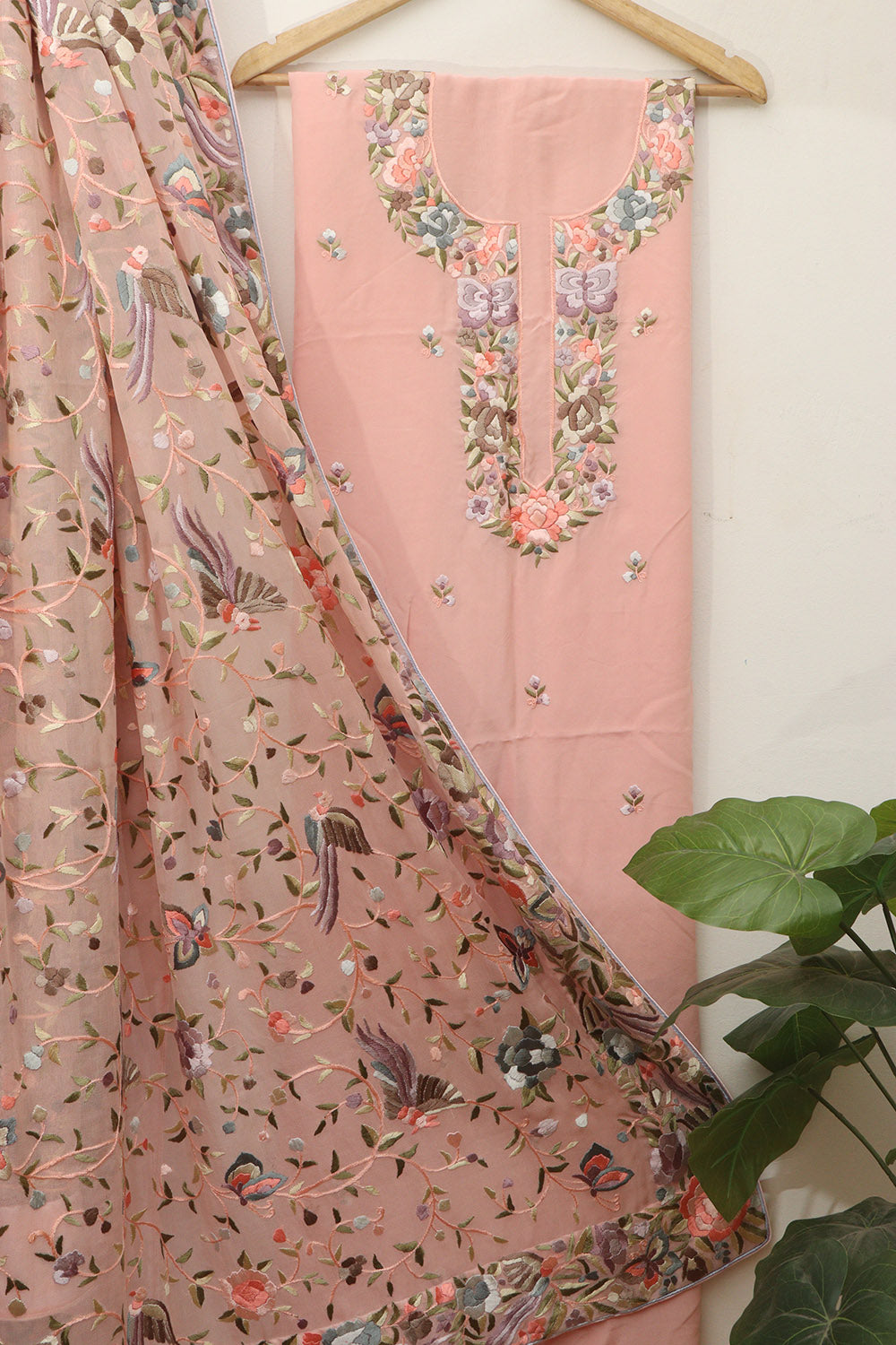 Pink Parsi Embroidered Georgette Two Piece Unstitched Suit Set - Luxurion World