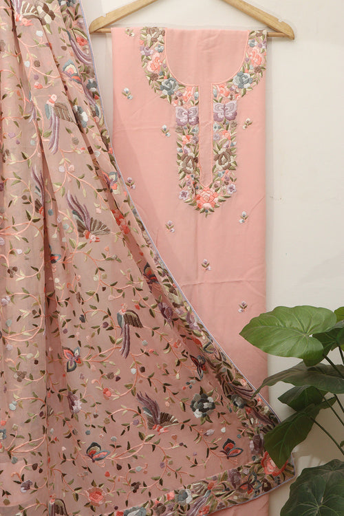 Pink Parsi Embroidered Georgette Two Piece Unstitched Suit Set - Luxurion World