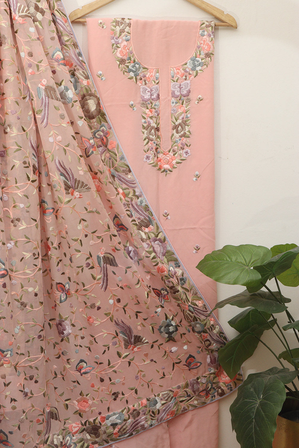 Pink Parsi Embroidered Georgette Two Piece Unstitched Suit Set - Luxurion World
