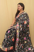 Black Hand Embroidered Floral Work Parsi Gara Pure Georgette Saree - Luxurion World