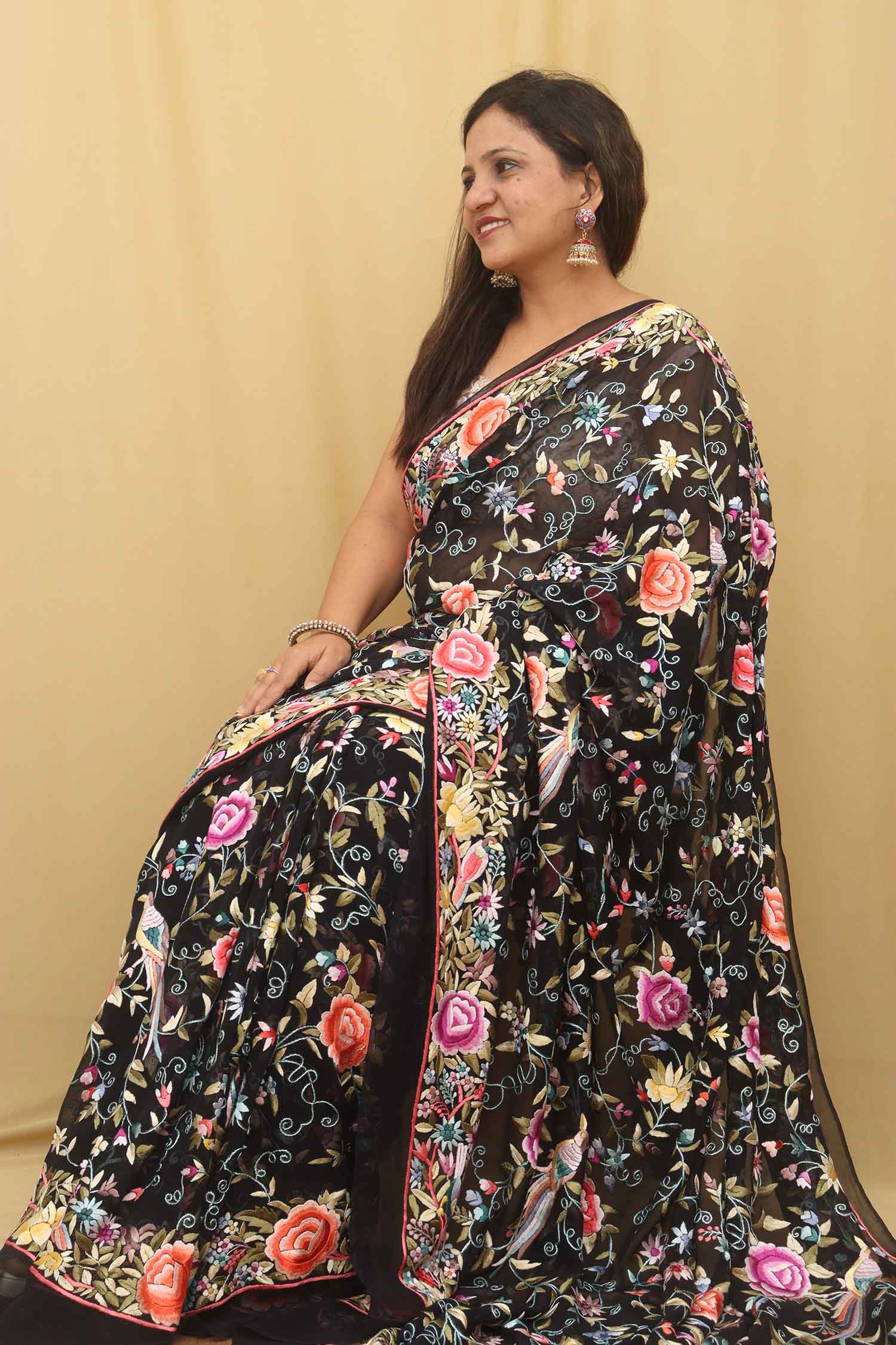Black Hand Embroidered Floral Work Parsi Gara Pure Georgette Saree - Luxurion World