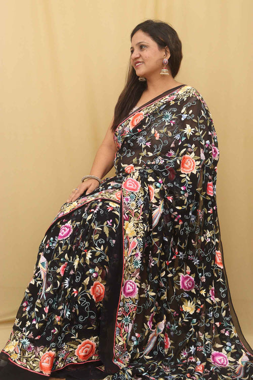 Black Hand Embroidered Floral Work Parsi Gara Pure Georgette Saree - Luxurion World
