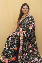 Black Hand Embroidered Floral Work Parsi Gara Pure Georgette Saree - Luxurion World