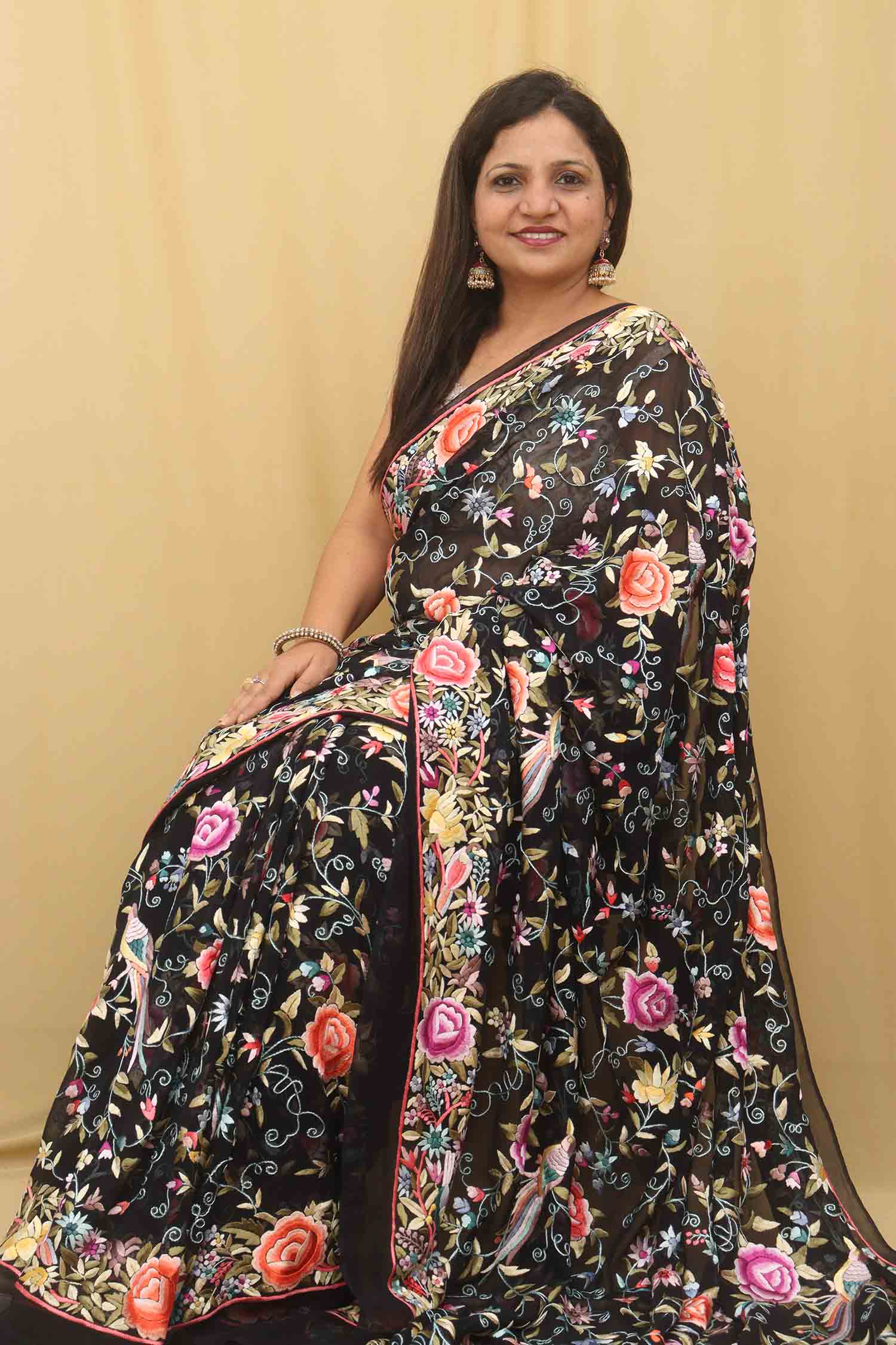 Black Hand Embroidered Floral Work Parsi Gara Pure Georgette Saree - Luxurion World