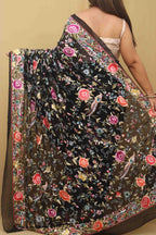 Black Hand Embroidered Floral Work Parsi Gara Pure Georgette Saree - Luxurion World