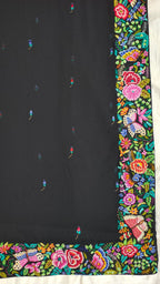 Exquisite Black Hand Embroidered Parsi Gara Georgette Petit Point Saree