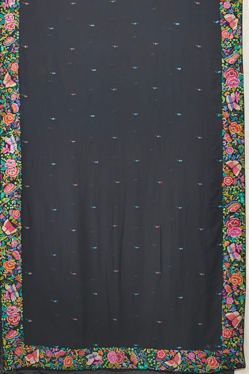 Exquisite Black Hand Embroidered Parsi Gara Georgette Petit Point Saree